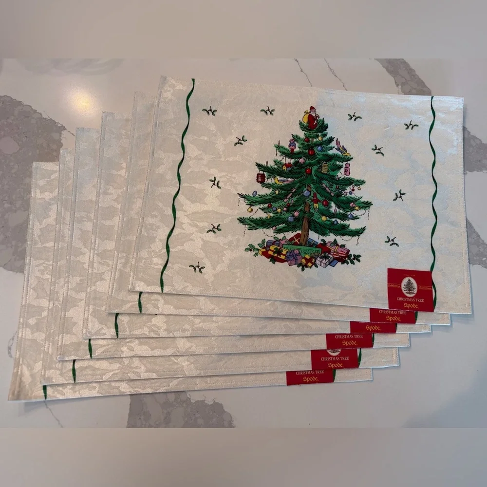 NWT Spode Festive Christmas Tree Placemats Green &‎ Red Accents: Set of 6
